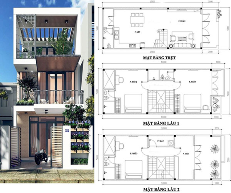 Bản vẽ thiết kế mẫu nhà ống 3 tầng đẹp